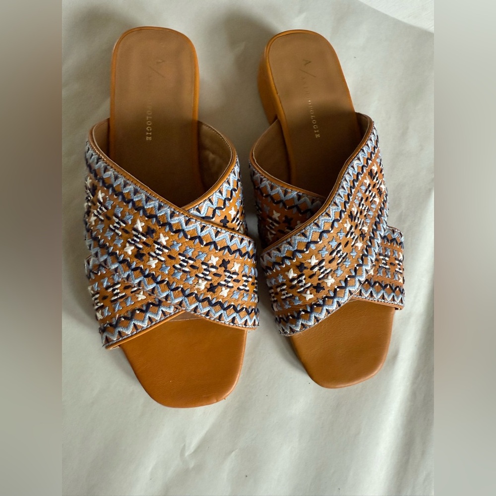 Anthropologie Embroidered Tan and Blue Women's Sandals